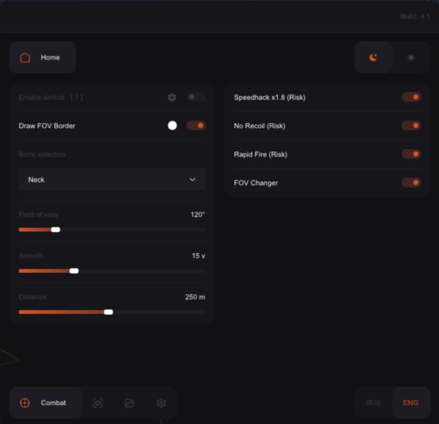Ares combat tab — aimbot enable, FOV border, bone selection, field of view, smoothing, distance, plus speedhack, no recoil, rapid fire, FOV changer