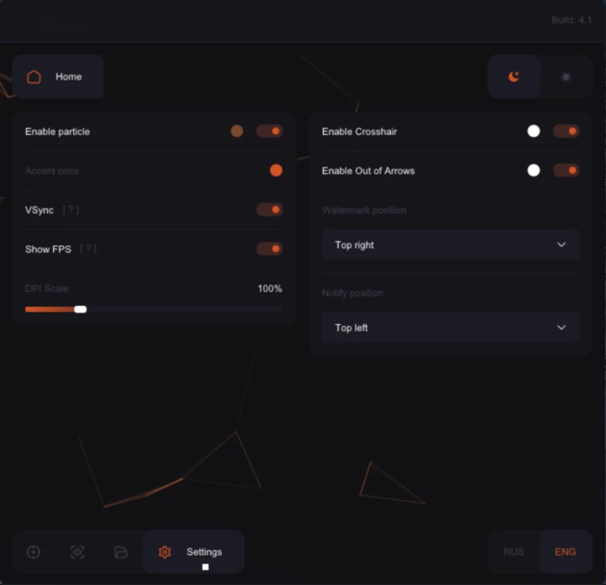Ares settings tab — enable particle, accent color, VSync, show FPS, DPI scale, enable crosshair, out of arrows, watermark and notify position