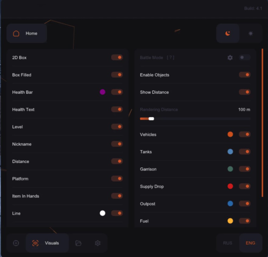 Ares visuals tab — 2D box, box filled, health bar, health text, level, nickname, distance, platform, item in hands, line, vehicles, tanks, garrison, supply drop, outpost, fuel